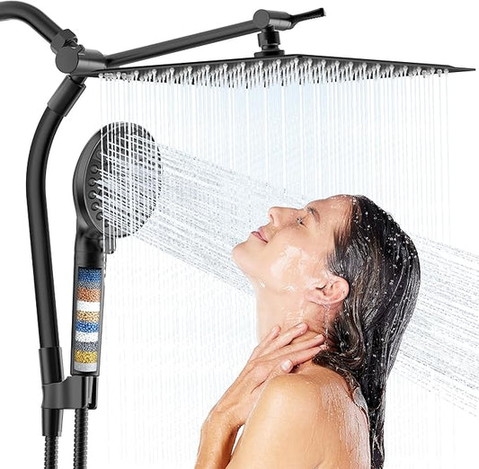 All Metal 3-Way Rain Shower Head,10 Spray High Pressure Showerhead Combo,Shower Filter Head For Hard Water, Adjustable Bar Upgrade Dual Shower Head-Reduces Dry Itchy Skin Black