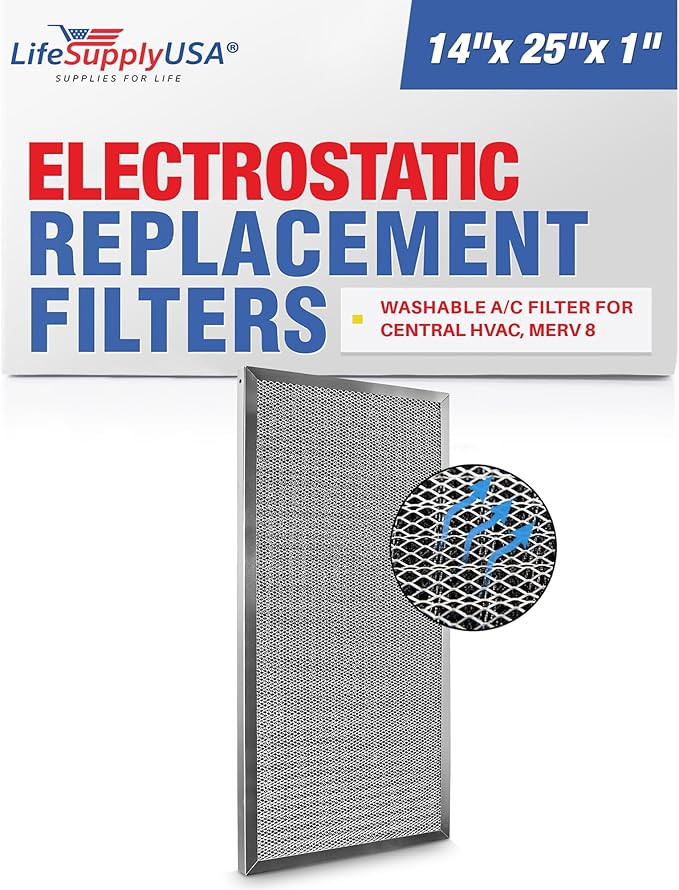 14x25x1 Electrostatic Air Filter, MERV 8, Washable, Reusable Furnace AC/HVAC Filter, Energy Saving, Easy to Clean, Long-Lasting by LifeSupplyUSA