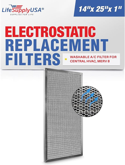 14x25x1 Electrostatic Air Filter, MERV 8, Washable, Reusable Furnace AC/HVAC Filter, Energy Saving, Easy to Clean, Long-Lasting by LifeSupplyUSA