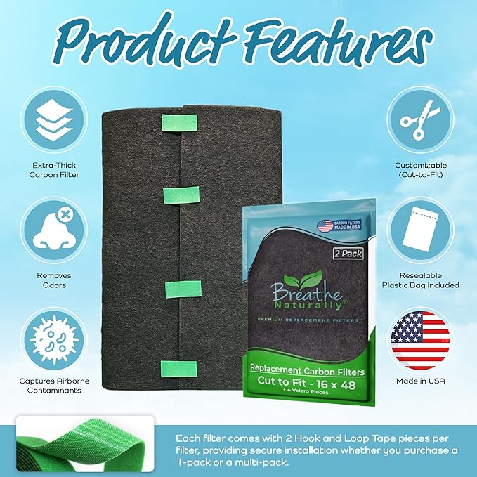 Breathe Naturally Universal Cut To Fit Activated Carbon Air Filter - Replacement Charcoal Air Filters - Carbon Filter Sheet for Air Purifier, Vent Filters & More - Made in USA (Pack of 2, 16x48)