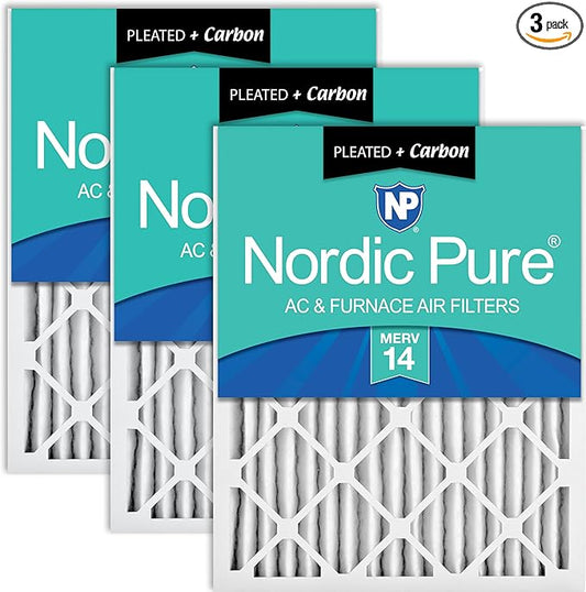Nordic Pure 14x25x2 (13 1/2 x 24 1/2 x 1 3/4) Pleated Air Filters MERV 14 Plus Carbon 3 Pack