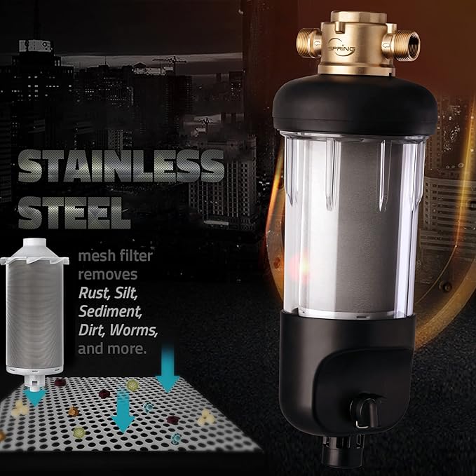 iSpring WSP500J Reusable Whole House Spin-Down Sediment Water Filter, Upgraded Jumbo Size, Large Capacity, 500-Micron Flushable Prefilter Filtration, 1" MNPT + 3/4" FNPT, Lead-Free Brass