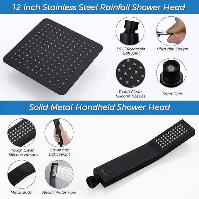 G-Promise All Metal 12 Inches Rainfall Shower Head with Handheld Spray Combo, 3 Settings Diverter, Adjustable Extension Arm with Lock Joints, 71 Inches Stainless Steel Hose (Matte Black)