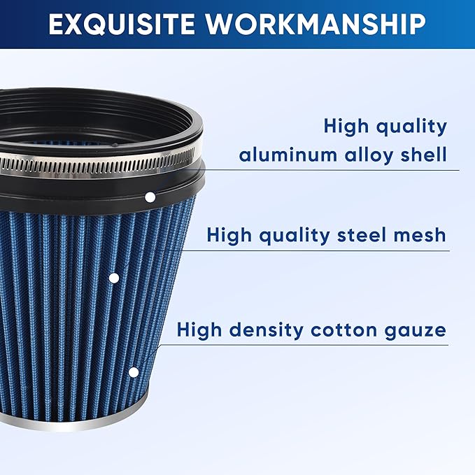 6" 152mm Cold Air Intake Filter Clamp-On Replacement High Flow Inlet Air Filter High Performance Washable Cone Filter 7" Tall Blue