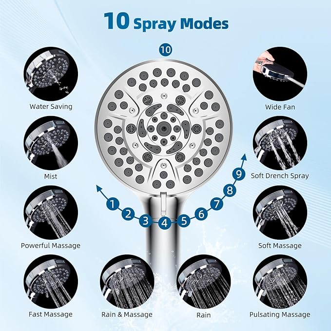 Hibbent All Metal Shower Head, 10'' High Pressure Rain Shower Head/Handheld Showerhead Combo with 16'' Adjustable Arc-shaped Extension Arm, 10 Sprays, 71'' Hose, Adhesive Showerhead Holder, Chrome