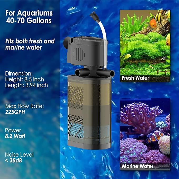 Submersible Aquarium Filter 3-Stage Fish Filter for Fish Tank, Turtle Filter Fish Tank Filter with Aeration & Dual Water Outlet, Turtle Tank Filter Pump for 10-40 GAL Aquariums