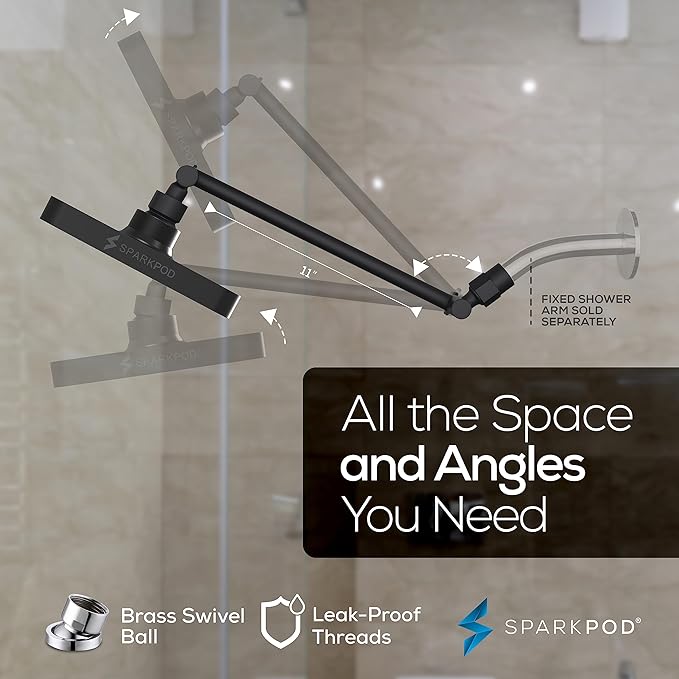 SparkPod Square Rain Shower Head with Extension Arm - Height Adjustable Shower Head with High Pressure Performance - Easy 1-Minute Installation (11" Arm Extension, Midnight Black Matte)