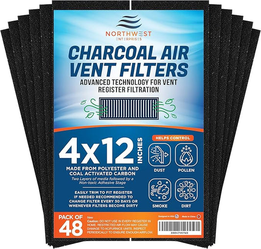 Activated Carbon Air Vent Filters for Home - 4" x 12" Dust Control - Air Filter Freshener for Home Vents to Purify Indoor Air and Homes - Register Filters for Floor Vents (48-Pack)