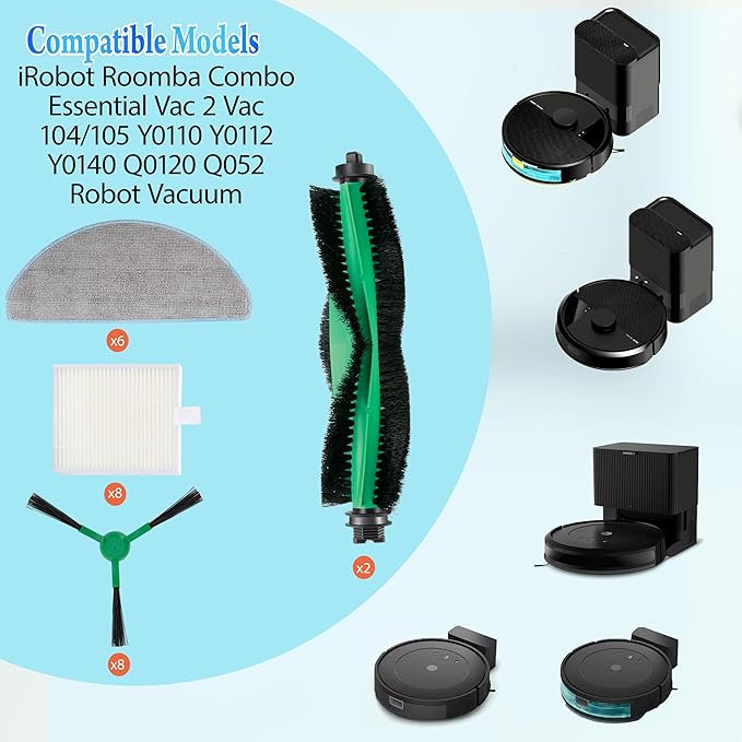 Replacement Parts Accessories for iRobot Roomba Combo Essential Vac 2 Vac 104/105 Y0110 Y0112 Y0140 Q0120 Q052 Robot Vacuum 2 Main Brush Rollers, 8 Filters, 8 Side Brushes, 6 Mop Pads
