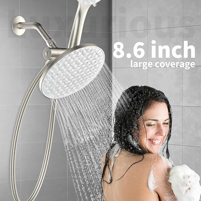 8.6 inch High Pressure 3-Way Shower Heads Combo, Pulsating Rainfall Shower Head, 6-Settings Dual Shower Head with Handheld Hose 6ft Brushed Nickel