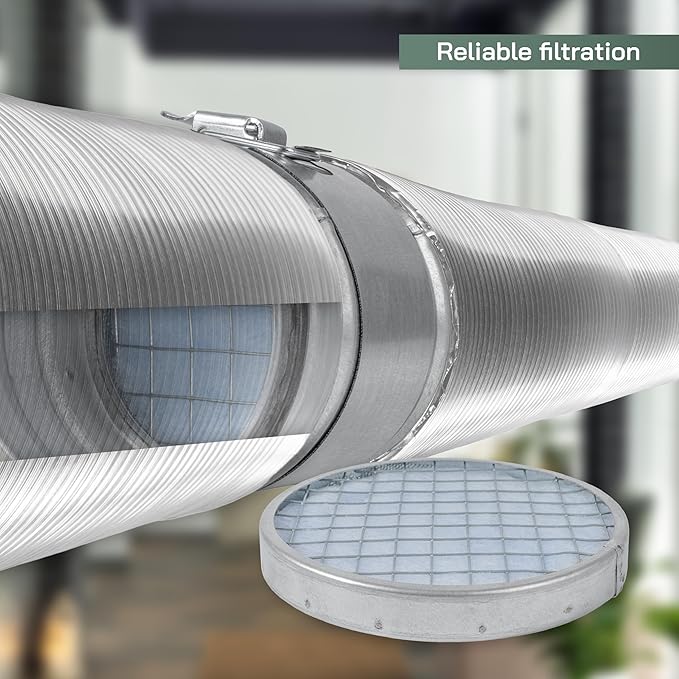 Vent Systems 6" Filter Replacement - Duct Filter - G4 Class Filtration Purifier System with Steel Mesh Screen - Air Vent Filters for Dust Collection/Air Purification - Rigid/Flexible Vent Hose