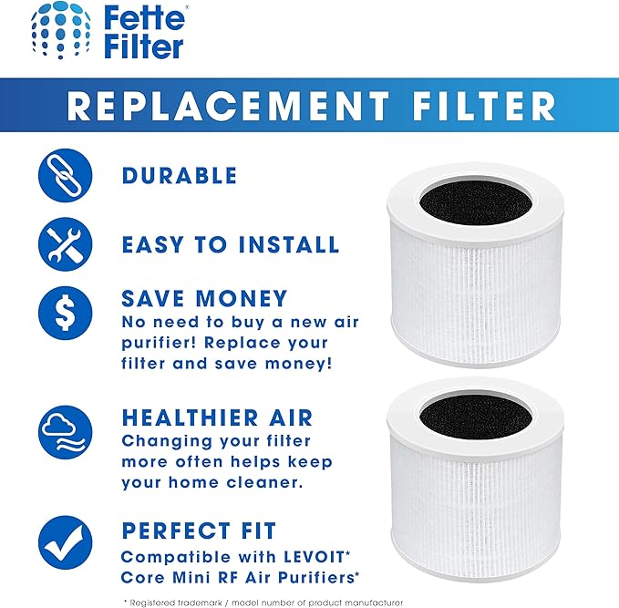 Fette Filter - Core Mini-RF True Hepa H13 Replacement Filter Compatiable with LEVOIT Core Mini Air Purifier 3 Stage Filtration True Hepa Activated Carbon and Pre-Filter. Part # Core Mini-RF 2-pack.