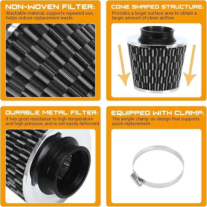PTNHZ Universal Carbon Fiber 3" 76mm High Flow Cold Air Intake Cone Air Filter Power Intake Air Inlet System Air Cleaner