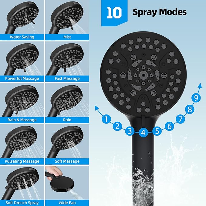 Hibbent All Metal High Pressure Rainfall 10 Inch Shower Head/Handheld Showerhead Combo/ 12 Inch Adjustable Curved Shower Extension Arm, 10-Spray, 71-inch Hose, Adhesive Showerhead Holder, Matte Black
