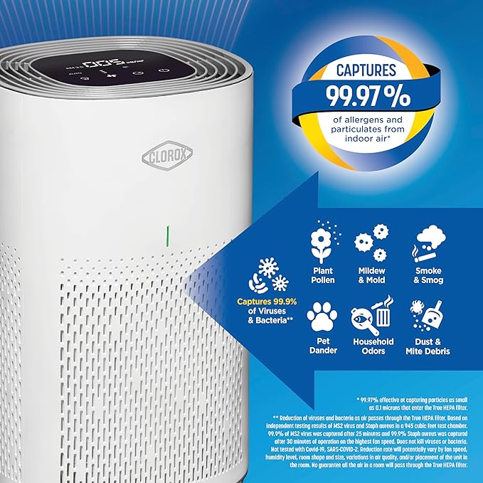 Clorox Air Purifiers for Home, True HEPA Filter, Medium Rooms Up to 1,000 Sq Ft, Removes 99.9% of Mold, Viruses, Wildfire Smoke, Allergens, Pet Allergies, Dust, AUTO Mode, Whisper Quiet