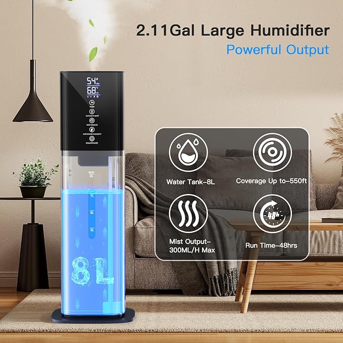 Humidifiers Large Room Bedroom with 7 Colors Light, 2.1Gal(8L) 3 Speed Quiet Ultrasonic Cool Mist Humidifier with 360° Nozzle, Humidity Setting, Timer,Aroma Box for Home Plant Baby Yoga Sleep (Blue)