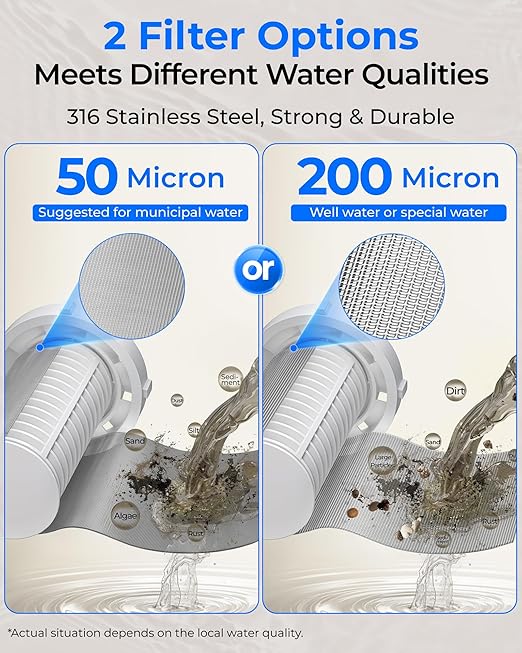 Waterdrop Spin Down Sediment Filter, 50/200 Micron Reusable Whole House Water Filter Sediment System, Flushable Pre-Filter System for City/Well Water,1" MNPT + 3/4" FNPT