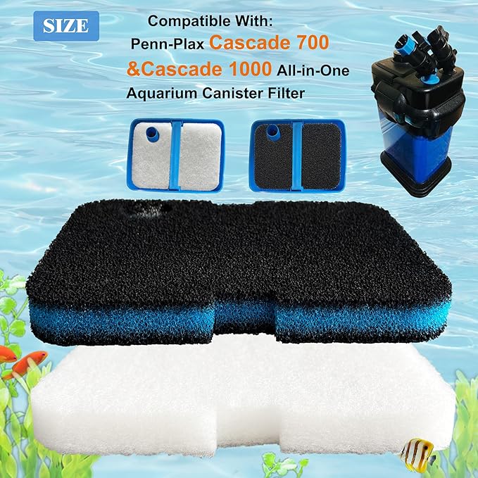 6 Pack Replacement Activated Carbon Sponge Bio Filter Pads and White Floss Pads and for Cascade 700/1000 CCF2UL CCF3UL, Compatible with Penn-Plax Cascade 700 & 1000 Canister Aquarium Filters