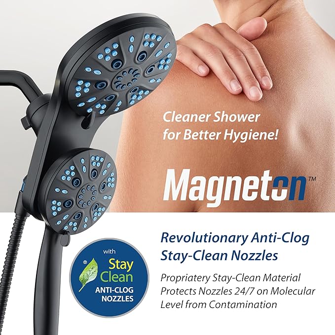 AquaCare Magneton High-Pressure 48-mode Luxury 3-way Combo System with Magnetic Guidance Docking, Giant Rain & Handheld Shower Head, Hygienic Jets and 6 ft. Stainless Steel Hose, Matte Black Finish