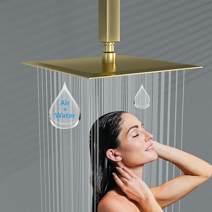 Lordear Gold Rainfall Shower Head 12 Inch Square Rain Shower Head Solid Ultra Thin 304 Stainless Steel Fixed Rainshower Head with Self Cleaning Nozzles