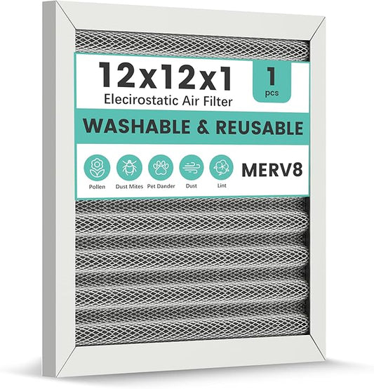 12x12x1 HVAC Furnace Air Filter, Reusable Washable Electrostatic Furnace Filter, MERV 8, Lasts a Lifetime, Breathe Fresher, Home And Office (Actual Size:11.38x11.38x0.82 Inch)