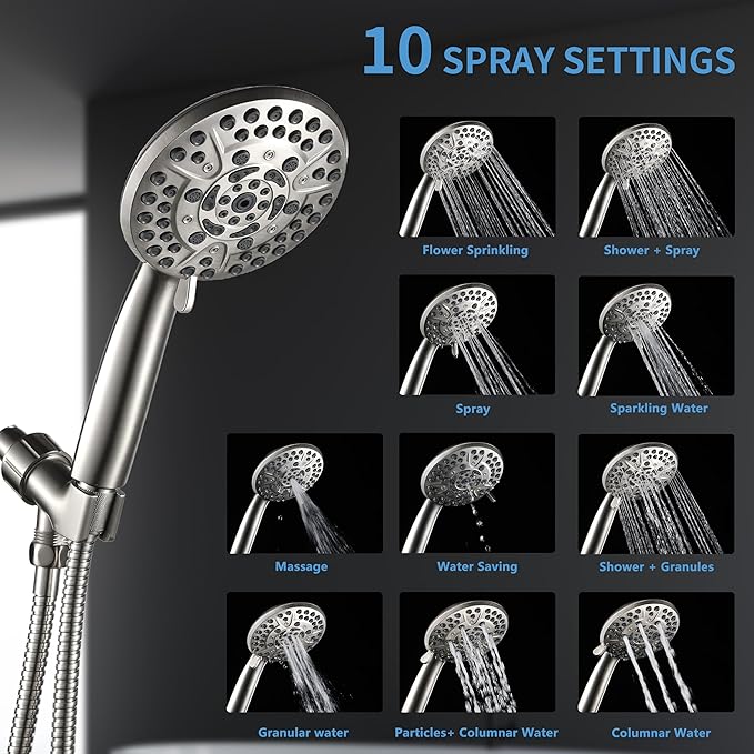 10 Spray Shower Head with Handheld,High Pressure shower heads with Handheld Spray Combo,Hand Held Shower Head with 60 Inch Long Hose (Brushed Nickel)