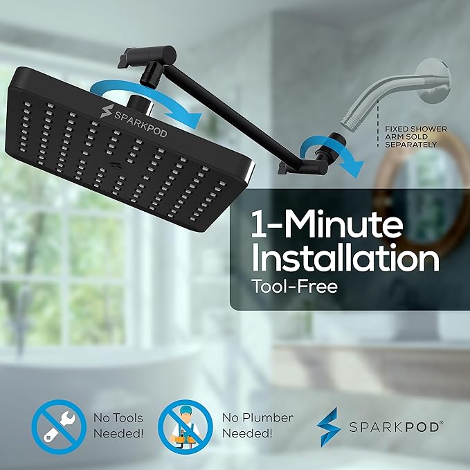 SparkPod Square Rain Shower Head with Shower Head Extension Arm - High Pressure Rain - Luxury Modern Look - No Hassle Tool-less 1-Min Installation (11" Shower Arm Extension, Midnight Black Matte)