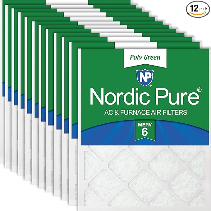 Nordic Pure 16x20x1 (Actual Size: 15 1/2 x 19 1/2 x 3/4) Poly Green MERV 6 AC Furnace Air Filters – Reduces Dust, Pollen, Pet Dander & Allergens – 12-Pack