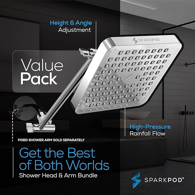 SparkPod Square Rain Shower Head with Extension Arm - Height Adjustable Shower Head with High Pressure Performance - Easy 1-Minute Installation (11" Arm Extension, Luxury Polished Chrome)