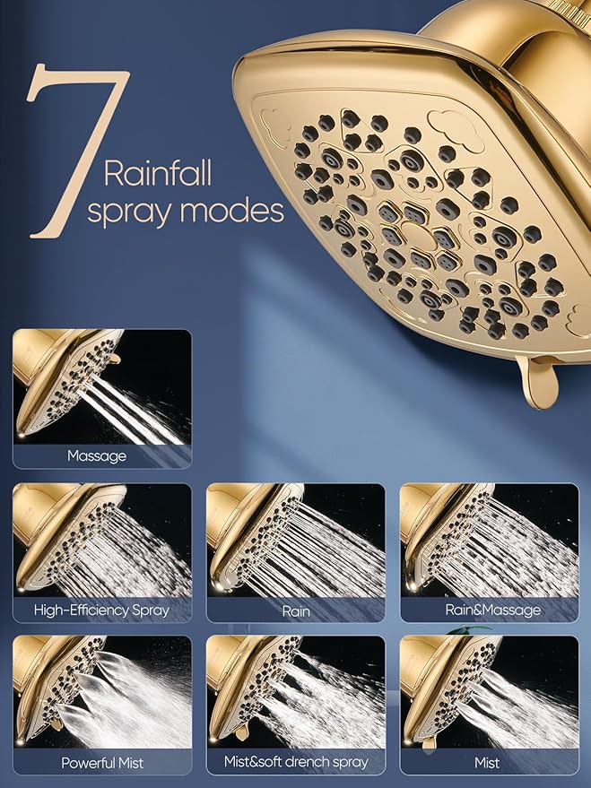 Cobbe Filtered Shower Head, 7 Modes High Pressure Shower Heads - 16 Stage Shower Head Filter for Hard Water for Remove Chlorine and Harmful Substances (Egyptian Gold, 6 Inch Square)