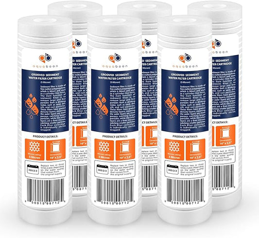 Aquaboon 5 Micron 10 x 2.5 Grooved Sediment Water Filter Replacement for Whole House Filter Cartridge Compatible with AP110, WHKF-GD05, CFS110, 6-Pack