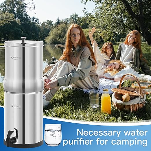 1.5G Stainless Steel Gravity-Fed Water Filter System with 2 Black Purification Filter and Metal Spigot, NSF/ANSI 42 Certification, Reduces up to 99% of Chlorine, for Home, Camping, Outdoor