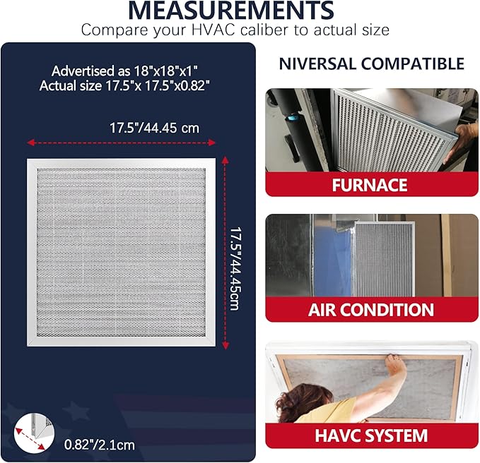 18x18x1 Air Filter, Washable & Reusable Aluminum AC/HVAC Furnace Electrostatic Filter, Lifetime Permanent Air Filter, Easy to Clean, Healthier Home/Office (Actual Size:17.50x17.50x0.82)