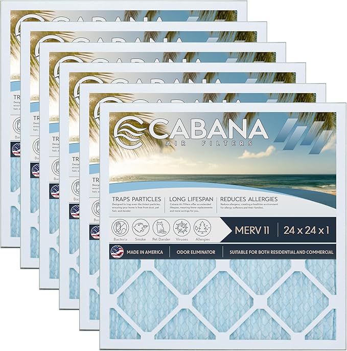Cabana Filters 24x24x1 AC Furnace Air Filter, Merv 11 Capture Unwanted Particles, Pleated Furnace Filter HVAC AC Filters - Made in the USA - 6 Pack