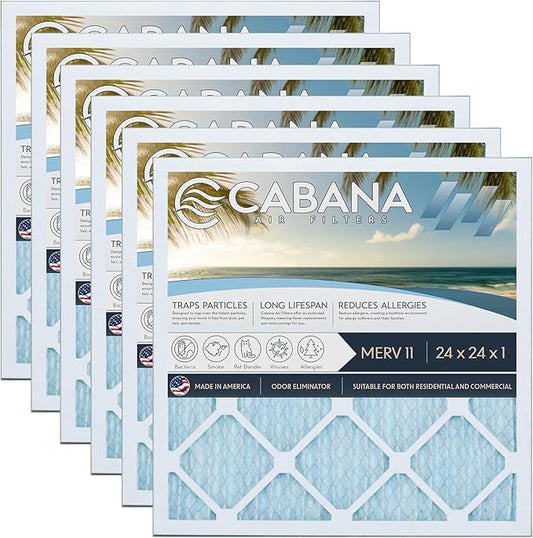 Cabana Filters 24x24x1 AC Furnace Air Filter, Merv 11 Capture Unwanted Particles, Pleated Furnace Filter HVAC AC Filters - Made in the USA - 6 Pack