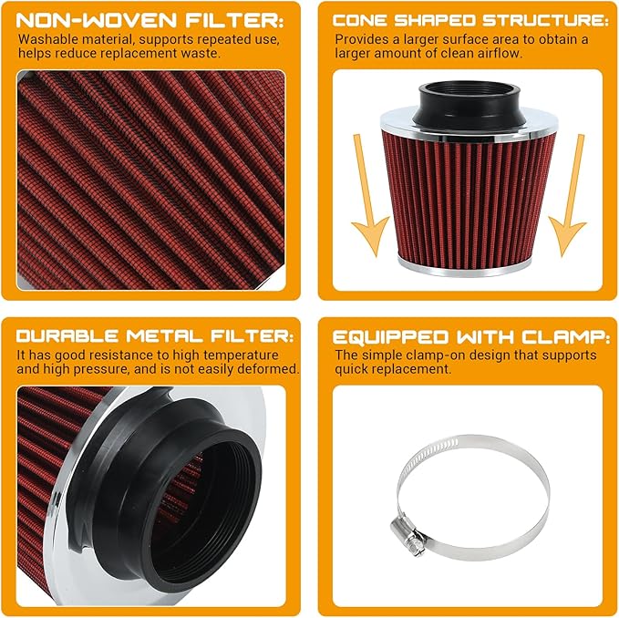 PTNHZ Universal Red 3" 76mm High Flow Cold Air Intake Cone Air Filter Power Intake Air Inlet System Air Cleaner