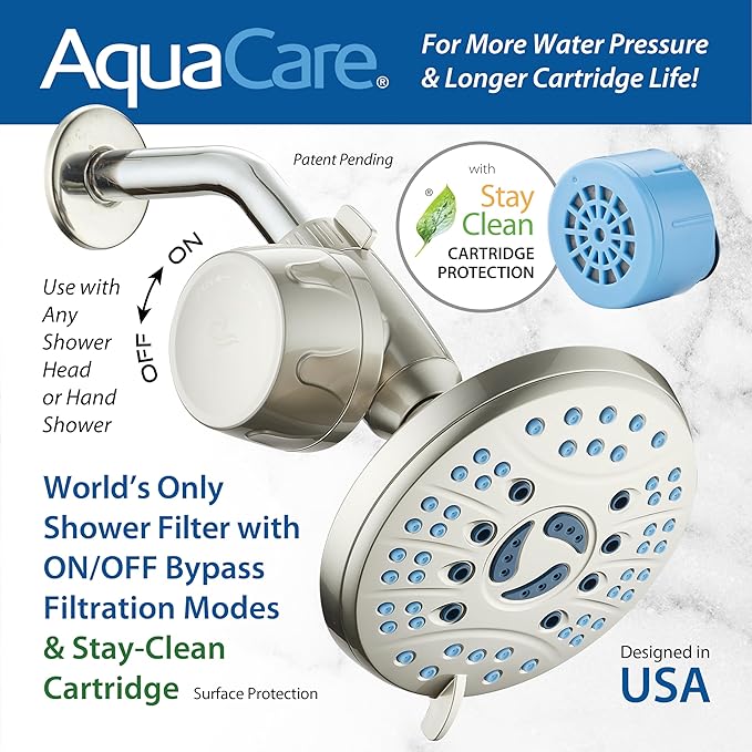 AquaCare Skin & Hair - World's Most Advanced Shower Filter for Fixed or Handheld Shower Heads with ON/OFF Filtration Modes, Instant Cartridge Reload & Stay-Clean Enriched KDF Cartridge/Satin Nickel