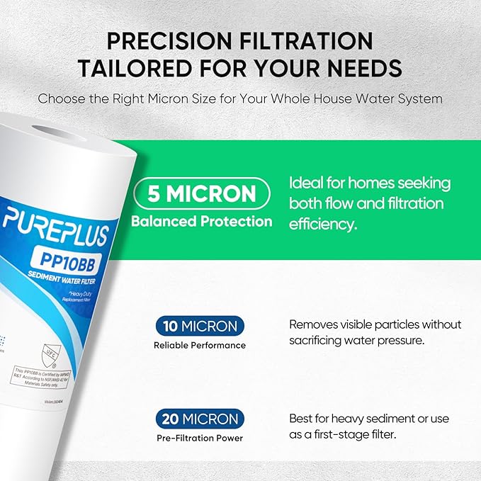 PUREPLUS 5 Micron 10" x 4.5" Whole House Sediment Home Water Filter Replacement Cartridge for Culligan RFC-BBSA, HD-950, WFHD13001B, W15-PR, GXWH30C, GXWH35F, Aqua-Pure AP817, PP10BB, 2PACK