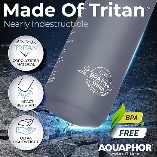 Nakii Filtered Water Bottle, Leakproof, BPA-Free, Motivational Markings, Travel, Everyday Use. 40-Gallon Filter, Replaces 300 Plastic Water Bottles. Includes 1 Filter, 22 FL Oz, Grey by Aquaphor