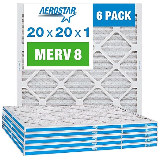 Aerostar 20x20x1 MERV 8 - 6 Count - High Efficiency Pleated HVAC, Furnace & Air Conditioner Filters - Removes Dust, Lint, Mold & Allergy-Causing Pollen