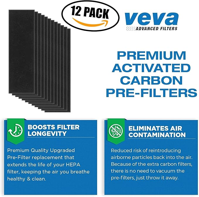 VEVA Filter B Replacement, Compatible with Germ Guardian Air Purifier Models AC4825, 4800, 4900, Premium 3 HEPA Filters including 12 Pack of Pre-Filters