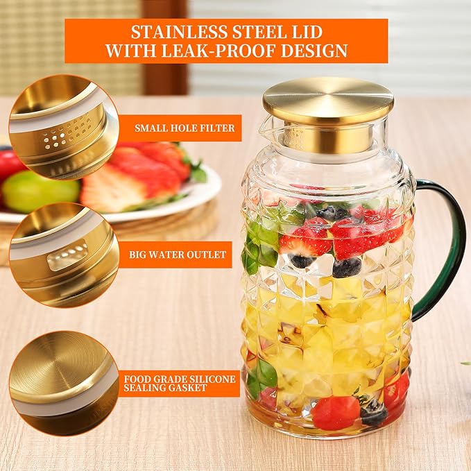 2 Pack 68oz/2L Glass Pitchers with Lids - Borosilicate Heat Resistant, Water Pitcher with Green Handle for Fridge, Iced Tea, Cold Brew & Lemonade - Home Kitchen Essential