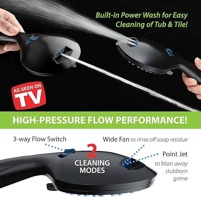 Hotel Spa AquaCare As-Seen-On-TV High Pressure Handheld & Rain 50-mode 3-way Shower Head Combo with Anti-clog Jets, 2-mode Tub & Pet Power Wash, Extra Wall Bracket, 6 ft. Hose, Matte Black