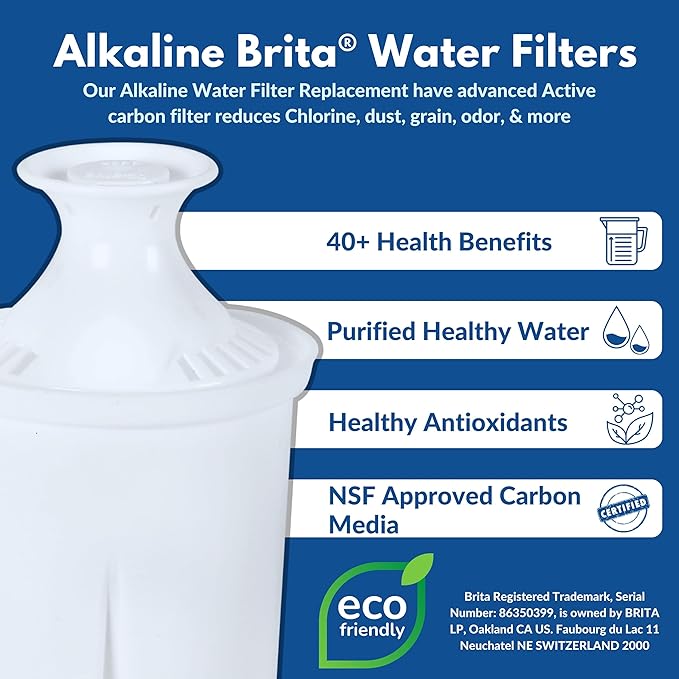 Alkaline Brita Water Filter Replacement - Compatible Alkaline Pitcher Filter - Enhances Taste and pH Level - Pack of 3