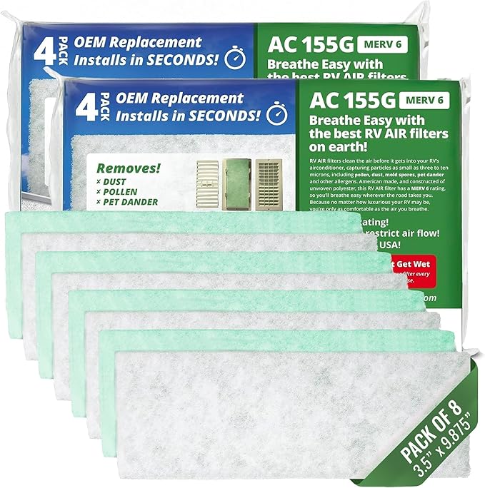 AC Filter - Air Conditioner Replacement Filters - RV Air Cleaner - Camper Accessories for Travel Trailers - Easy to Install Vent Filter - 9.875 x 3.5 x 0.75 in (8 Filters for AC 155G)