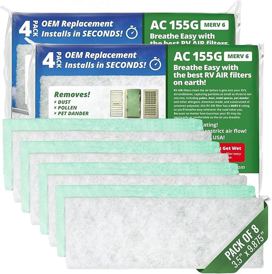 AC Filter - Air Conditioner Replacement Filters - RV Air Cleaner - Camper Accessories for Travel Trailers - Easy to Install Vent Filter - 9.875 x 3.5 x 0.75 in (8 Filters for AC 155G)