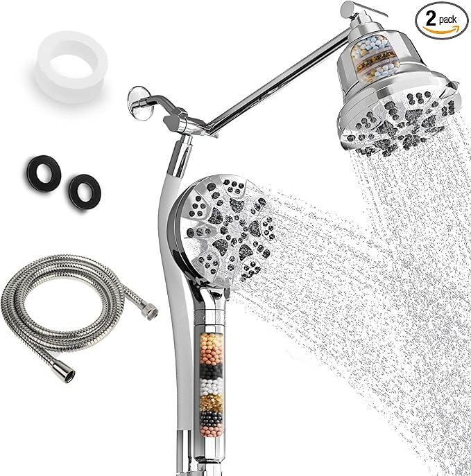 AQUAZEN® Dual Filtered Shower Head Combo | Rainfall + Handheld | 6 Spray Modes | High Pressure | Flexible Mount | Hard Water Filtration | 60" Hose | Chrome Finish