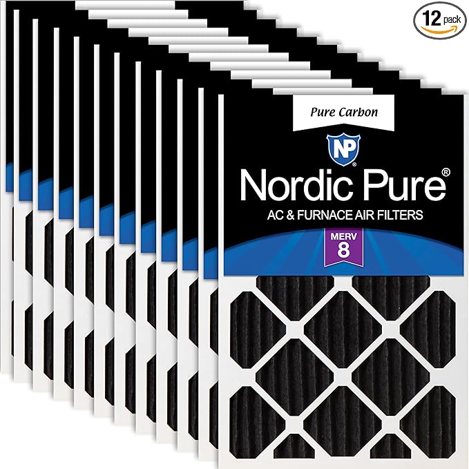 Nordic Pure 14x25x2 (Actual Size: 13 1/2 x 24 1/2 x 1 3/4) Pure Carbon Pleated Odor Reduction Merv 8 Furnace Filters 12 Pack