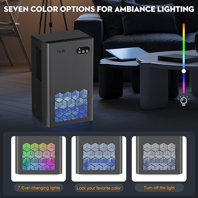 ToLife Dehumidifier for Home 95 OZ Water Tank, 1000 sq.ft Dehumidifiers for Basement Bedroom Bathroom with Auto Shut Off 7 Colors LED Light,Grey