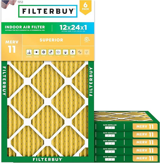 Filterbuy 12x24x1 Air Filter MERV 11 (MPR 1200) Allergen Defense Replacement (6-Pack), Electrostatic Pleated HVAC AC Furnace Filters, Made in USA (Actual Size: 11.50 x 23.50 x 0.75)